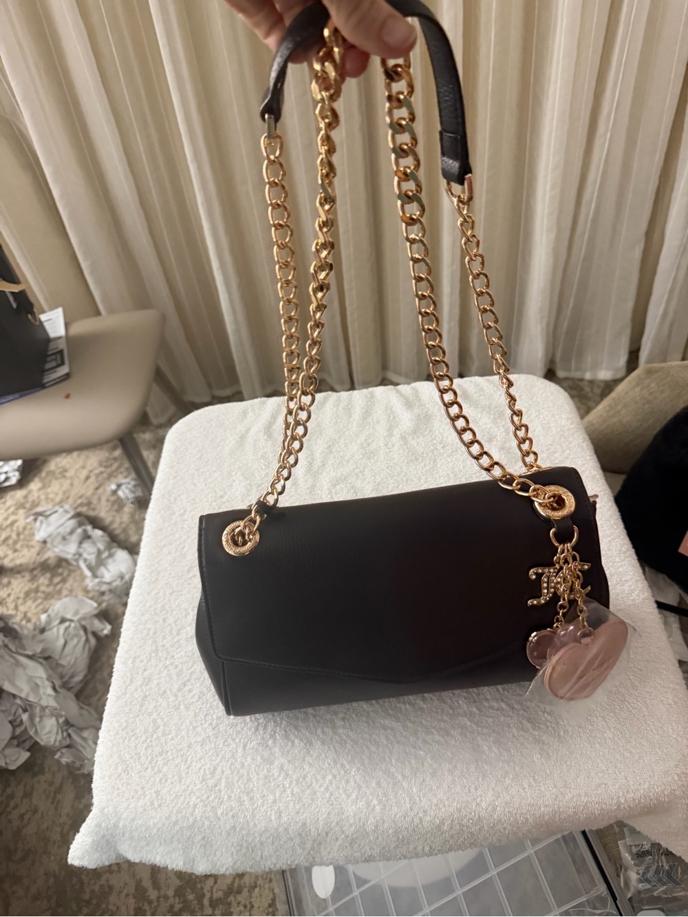 Juicy Couture Black Shoulder Bag with Gold Chain and Pink Charm